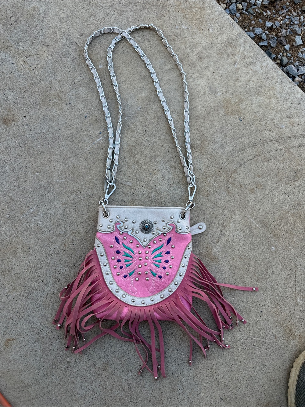 Pink Fringe Crossbody Bag with Studded Butterfly Accent